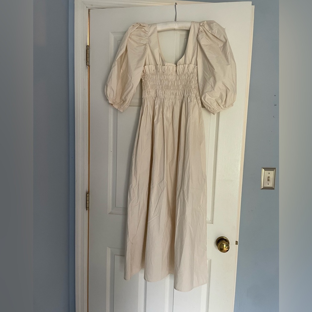 Ciao Lucia- Poplin Puff Sleeves Smocked Veneto Midi Dress Ivory Size M